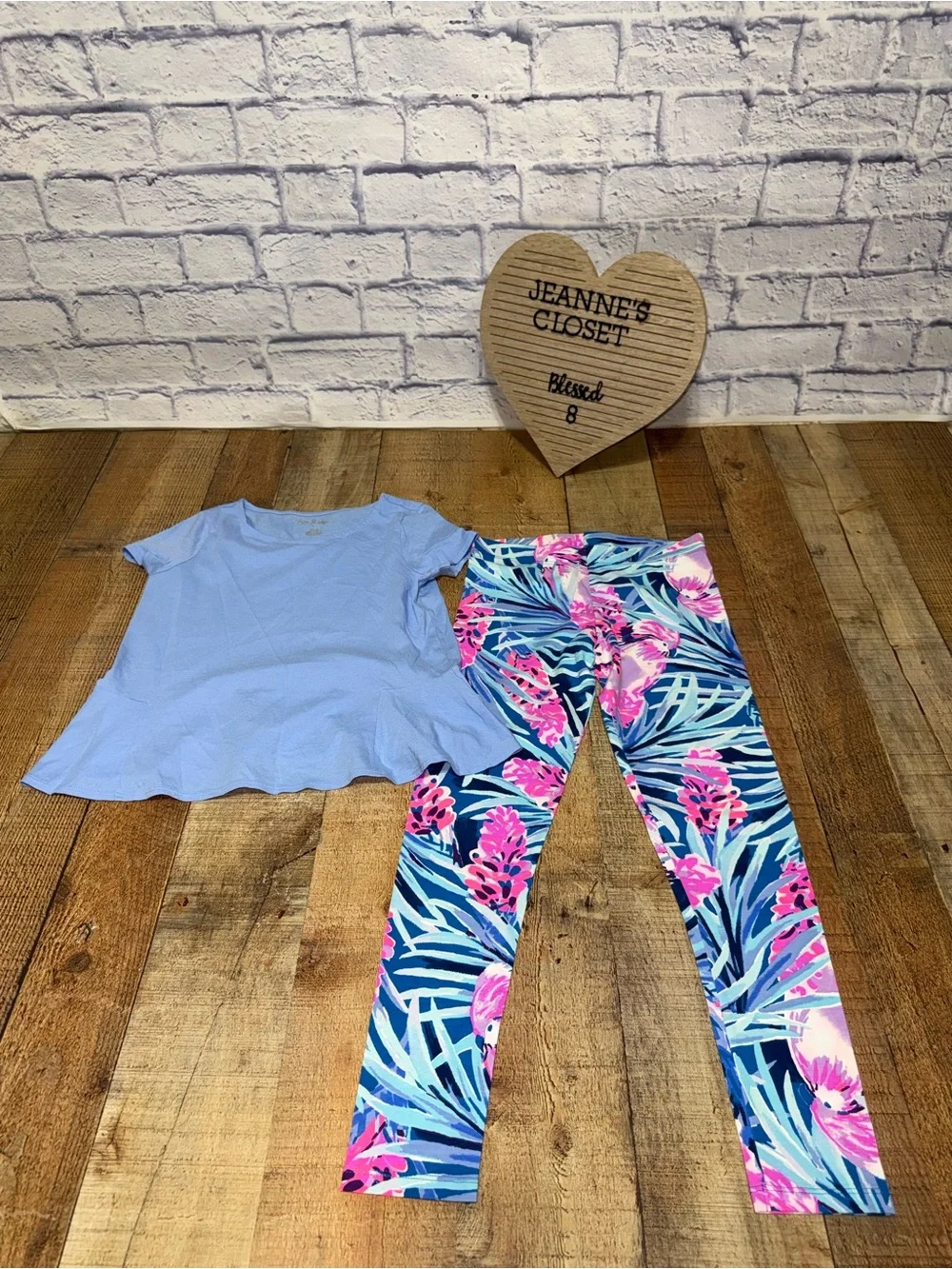 Lilly Pulitzer Girls Bundle L 8-10 Blue Peplum Top & Tropical Floral Leggings
